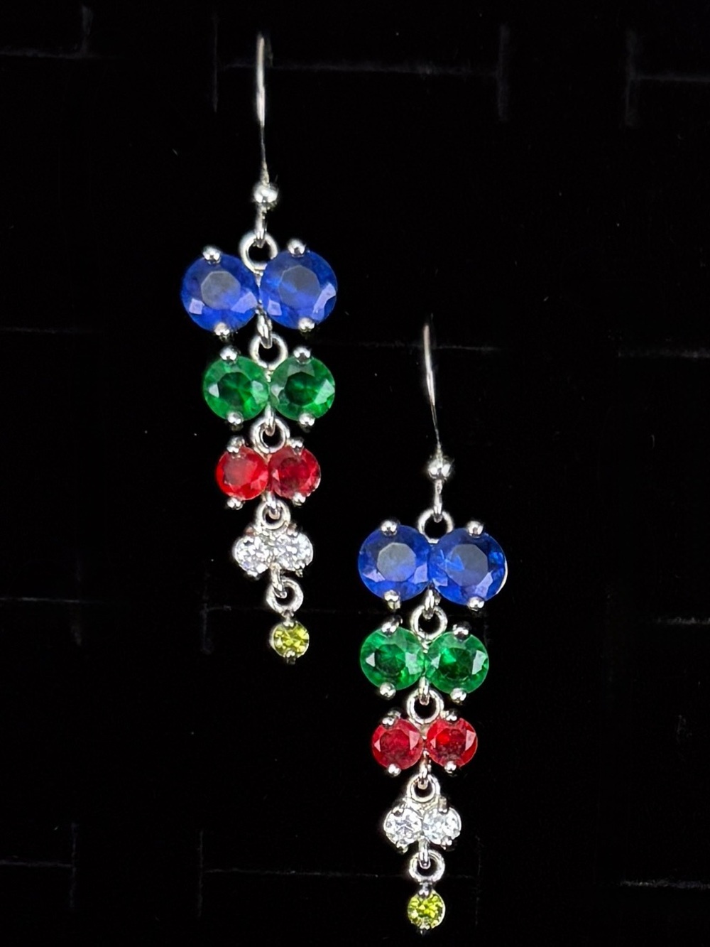 Vintage Silvertone blue green red clear bling pierced dangle earrings
